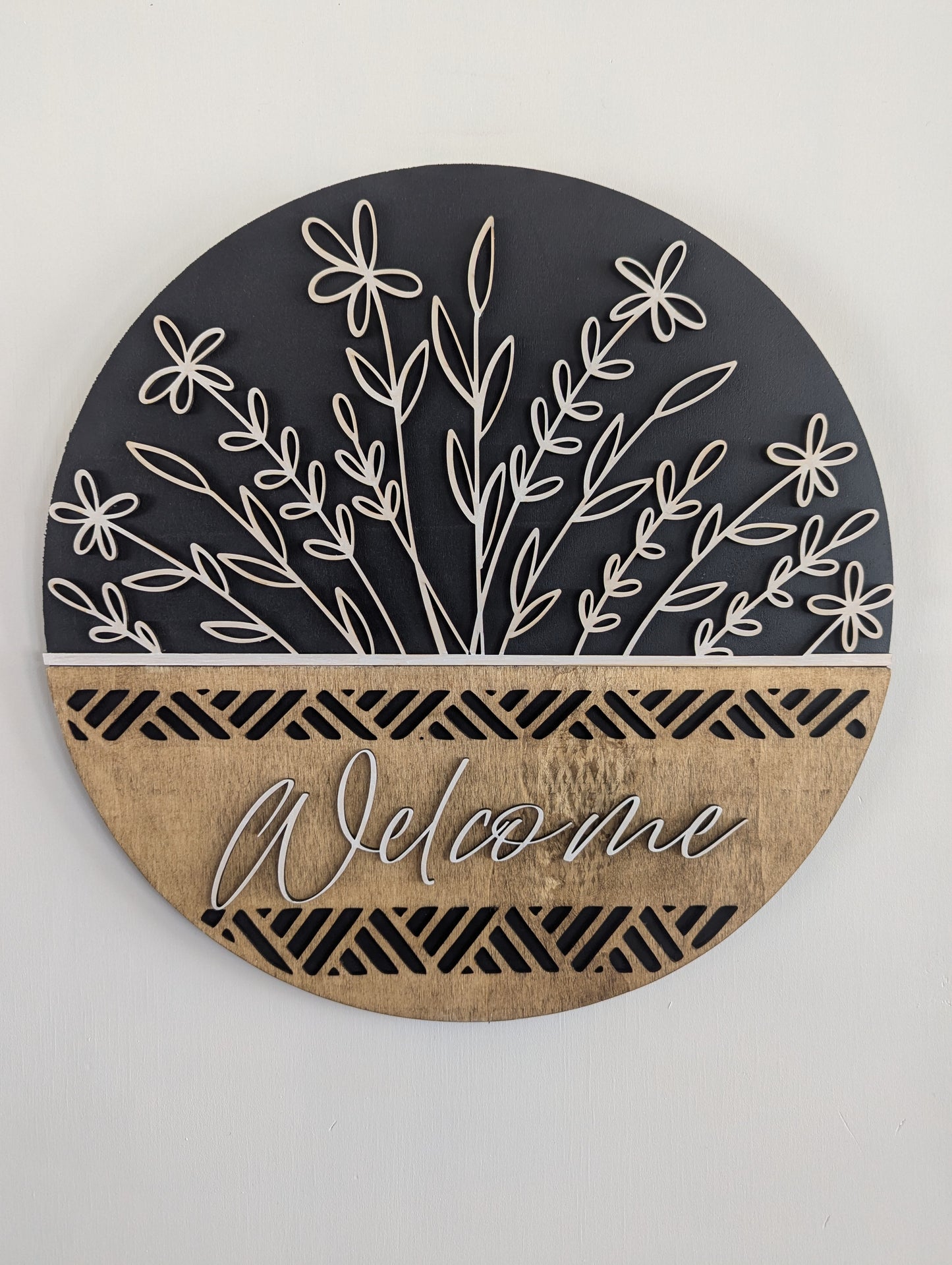Elegant Floral Welcome Sign β Laser-Cut Wooden Door Hanger