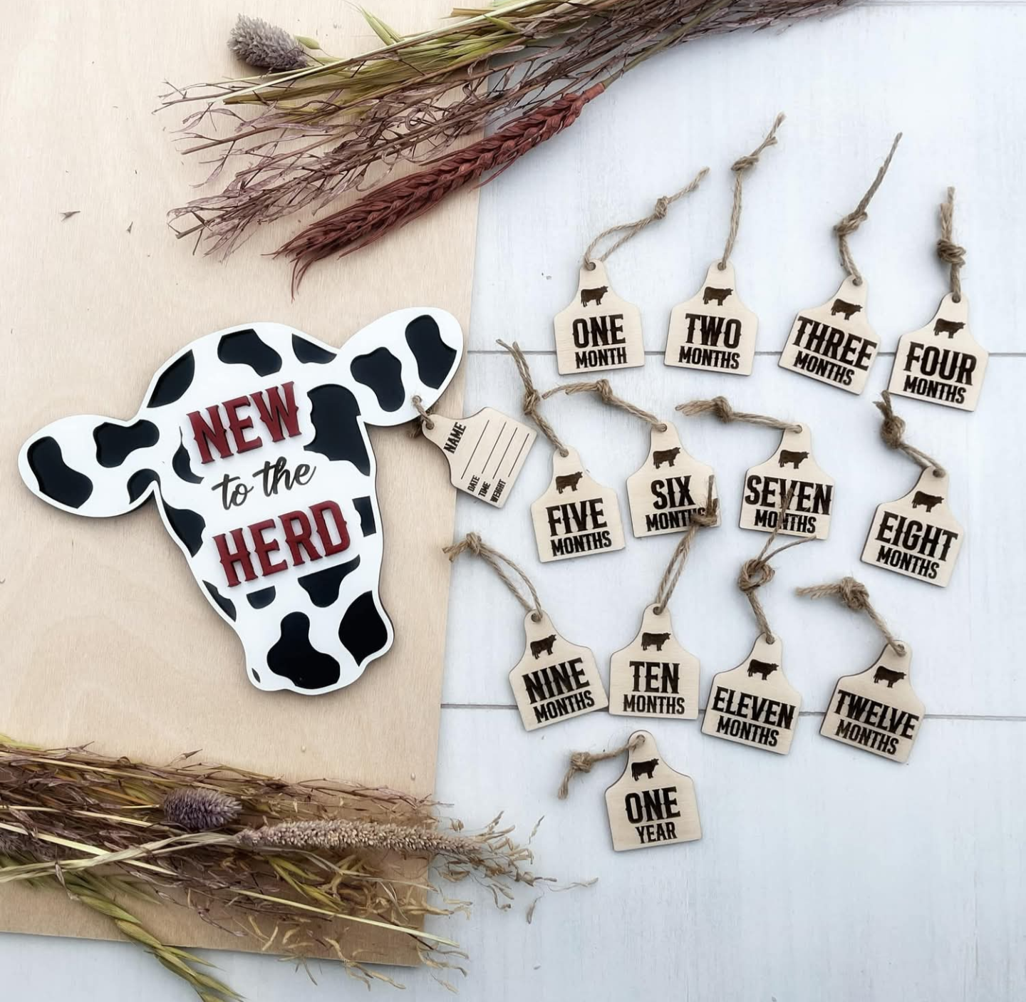 “New to the Herd” Monthly Milestone Tag Set – Farmhouse-Inspired Baby Photo Prop