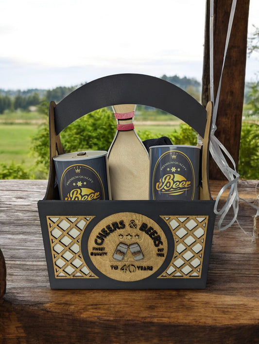 "Cheers & Beers" Personalized Beer Gift Basket – Custom Wooden Beer Caddy