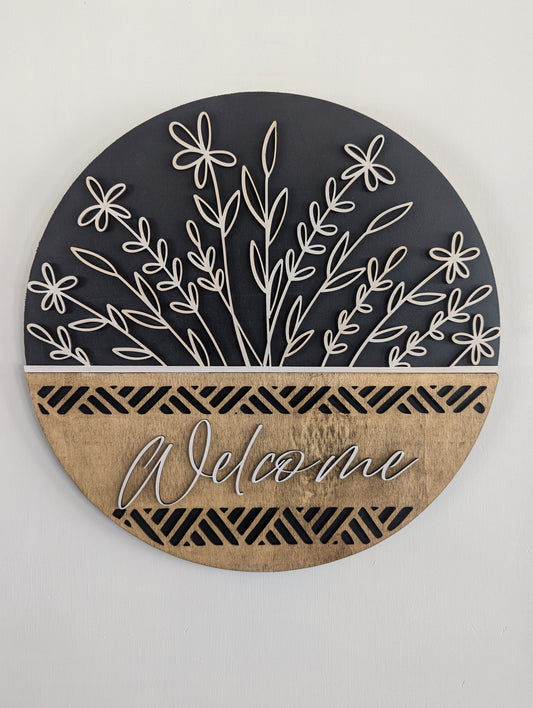 Elegant Floral Welcome Sign – Laser-Cut Wooden Door Hanger