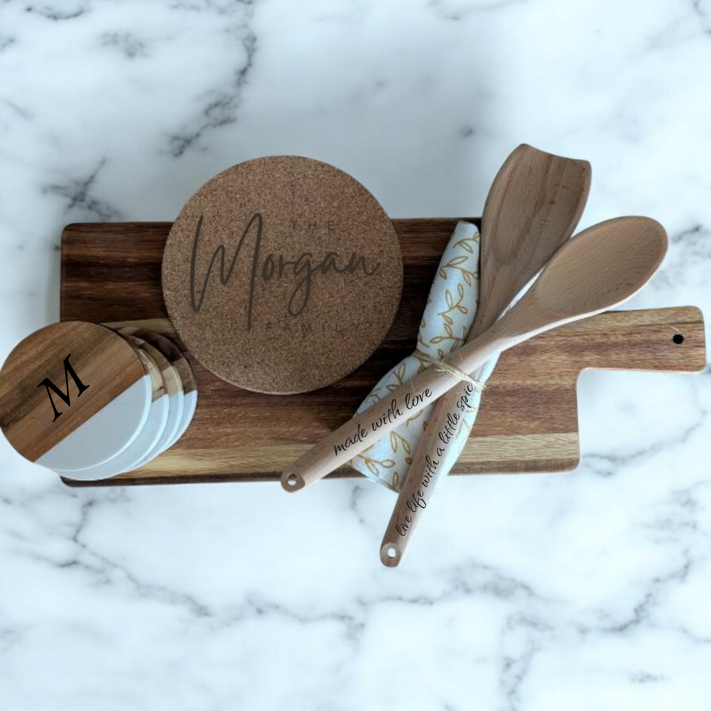 Custom Engraved Kitchen Set - Personalized Family Cutting Board, Coasters & Wooden Utensils